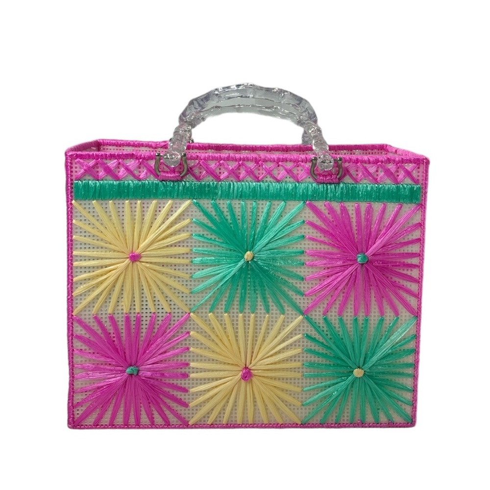 Raffia Ribbon Plastic Canvas Tote Bag With Handles Spring/Summer Floral Design